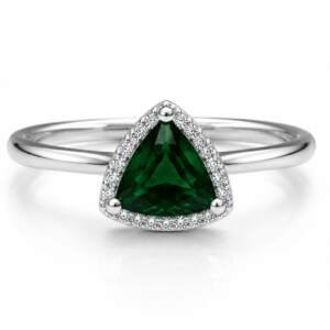 Elegant Emerald Green Trillion Cut Silver Ring with Diamond Accents