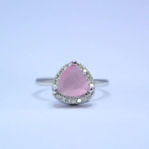 Elegant Rose Quartz Trillion Cut Silver Ring with Diamond Accents