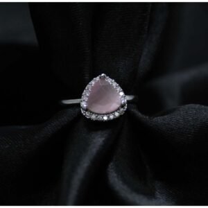 Elegant Rose Quartz Trillion Cut Silver Ring with Diamond Accents img4