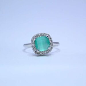 Exquisite Green Chalcedony Cushion Cut Ring with Diamond Halo