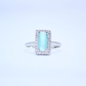 1 Elegant Sky Blue Baguette Cut Silver Ring with Dazzling Halo