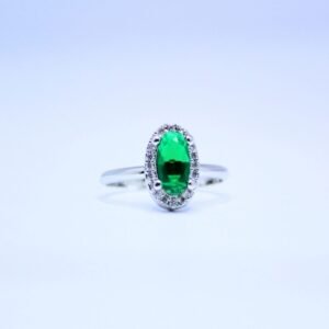 1 Radiant Oval Emerald Green Accent Ring with Shimmering Halo
