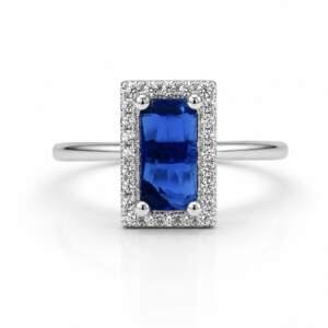 Ring with Blue Sapphire Baguette Cut Accent and Dazzling Halo