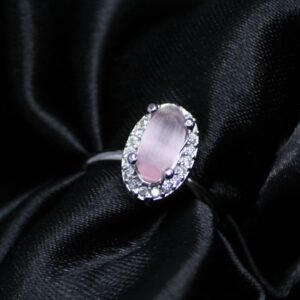 Elegant Rose Quartz Pink Oval Cut Silver Ring with Halo of Sparkling Accents