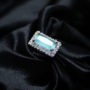 2 Elegant Sky Blue Baguette Cut Silver Ring with Dazzling Halo