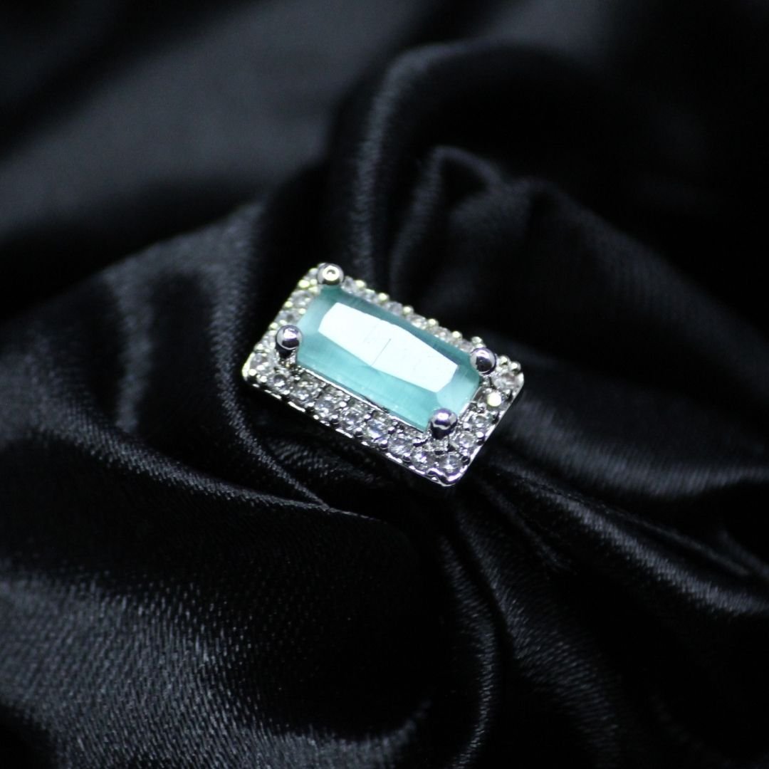 2 Elegant Sky Blue Baguette Cut Silver Ring with Dazzling Halo 2 Elegant Sky Blue Baguette Cut Silver Ring with Dazzling Halo