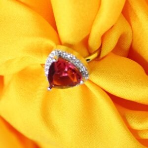2 Radiant Ruby Red Trillion Cut Ring with Dazzling Halo Accents