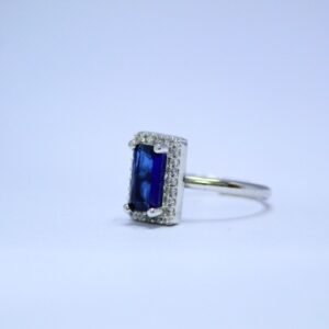 2 Ring with Blue Sapphire Baguette Cut Accent and Dazzling Halo