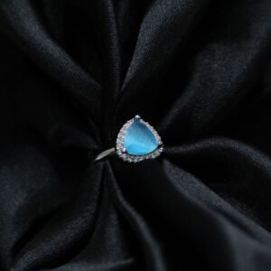 Ring with Serene Larimar Sky Blue Trillion Cut Accent and Dazzling Halo