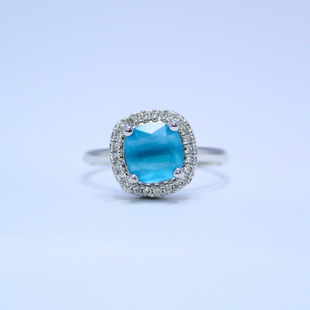 3 Cushion-Cut Azure Sky Blue Ring with Radiant Halo sparkling accents Topaz blue ring