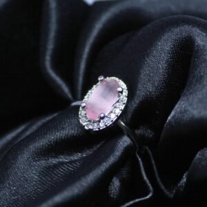 Elegant Rose Quartz Pink Oval Cut Silver Ring with Halo of Sparkling Accents