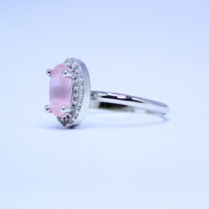 Elegant Rose Quartz Pink Oval Cut Silver Ring with Halo of Sparkling Accents