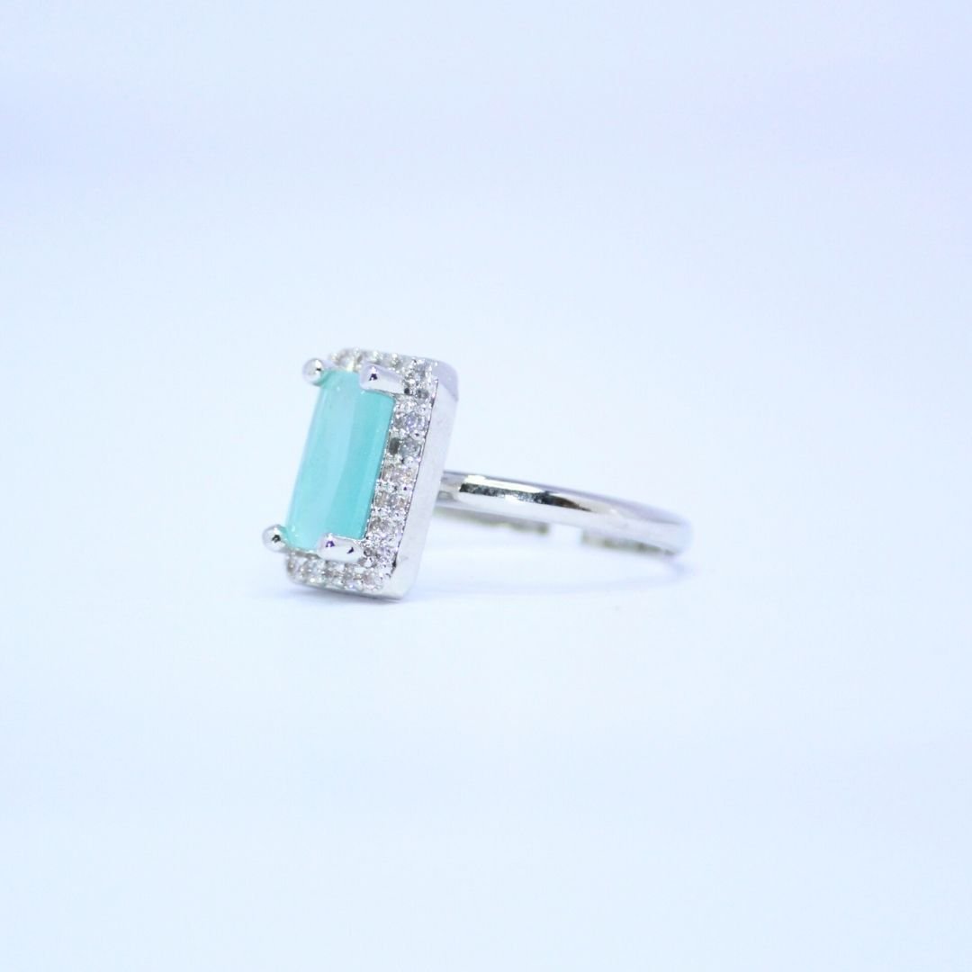 3 Elegant Sky Blue Baguette Cut Silver Ring with Dazzling Halo 3 Elegant Sky Blue Baguette Cut Silver Ring with Dazzling Halo