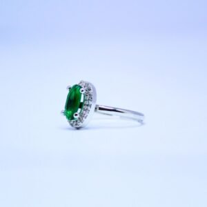 3 Radiant Oval Emerald Green Accent Ring with Shimmering Halo