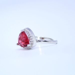 3 Radiant Ruby Red Trillion Cut Ring with Dazzling Halo Accents