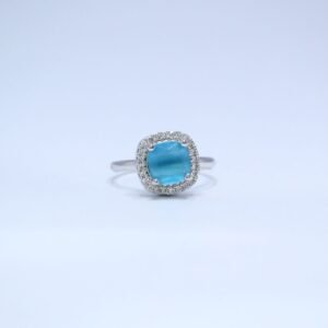 Cushion-Cut Azure Sky Blue Ring with Radiant Halo sparkling accents