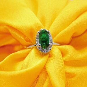4 Radiant Oval Emerald Green Accent Ring with Shimmering Halo