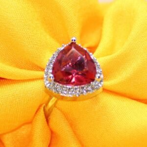 4 Radiant Ruby Red Trillion Cut Ring with Dazzling Halo Accents