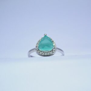 5 Trillion-Cut Aqua AD Ring with a Halo of Dazzling Accents