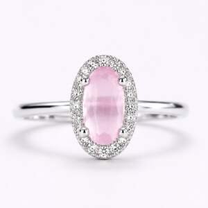 Elegant Rose Quartz Pink Oval Cut Silver Ring with Halo of Sparkling Accents