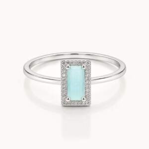 Elegant Sky Blue Baguette Cut Silver Ring with Dazzling Halo