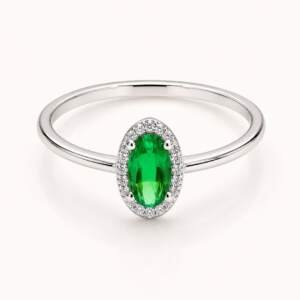 Radiant Pear Cut Emerald Green Accent Ring with a Sparkling Halo of Brilliance