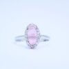 Elegant Rose Quartz Pink Oval Cut Silver Ring with Halo of Sparkling Accents