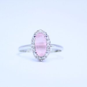 Elegant Rose Quartz Pink Oval Cut Silver Ring with Halo of Sparkling Accents