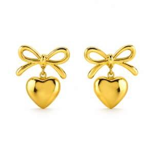 Golden Heart Drop Earrings with Elegant Bow Design