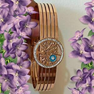Rose Gold Tree of Life Bracelet with Evil Eye Accent