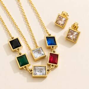 Radiant Multicolor Two-Layer Necklace with Geometric Earrings