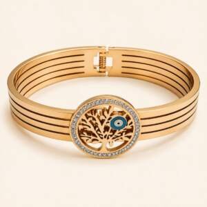 Luxury Gold-Plated Tree of Life Evil Eye Crystal Bangle Bracelet