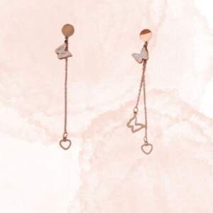 Butterfly and Heart Dangle Earrings in Rose Gold