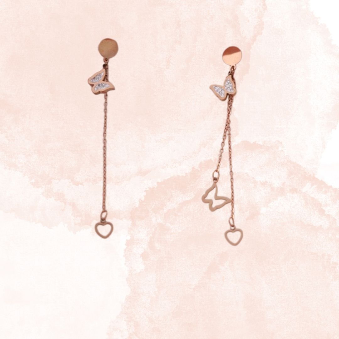 Butterfly-and-Heart-Dangle-Earrings-in-Rose-Gold