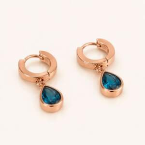 Rose Gold Hoop Earrings with Elegant Blue Teardrop Charms