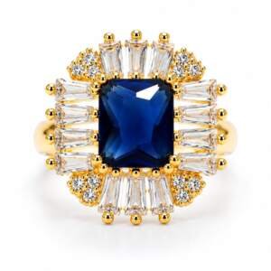 Royal Blue Elegance Ring with Baguette Halo