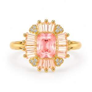 Blush Elegance Ring with Radiant Pink Center and Baguette Halo