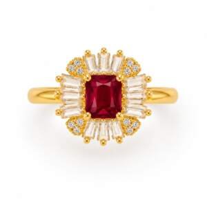 Red Radiance Ring with Emerald-Cut Centerpiece and Dazzling Baguette Halo