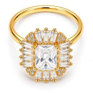 Exquisite Emerald-Cut Centerpiece Ring with Radiant Baguette and Pave Halo