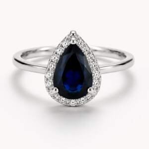 Majestic Royal Blue Pear Cut Halo Ring – A Timeless Statement