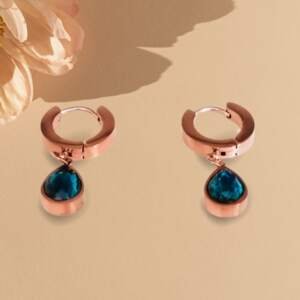Rose Gold Hoop Earrings with Elegant Blue Teardrop Charms
