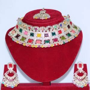 Regal Multicolor Kundan Choker Set with Maang Tikka & Pearl Accents