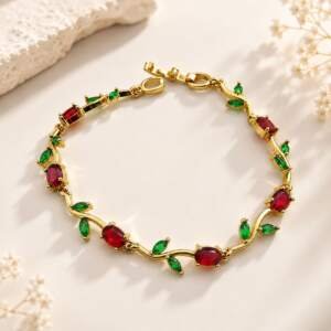 Luxury Gold-Plated Ruby Vine Bracelet with Emerald Leaf Accents