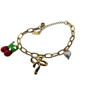 Luxury Gold-Plated Cherry Charm Bracelet with Crystal Bow & Baroque Pearl