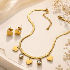 Elegant Gold-Tone Heart Charm Necklace & Matching Earrings Set