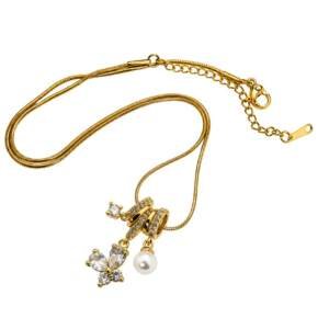 Elegant Gold-Tone Crystal Butterfly & Pearl Charm Pendant Necklace
