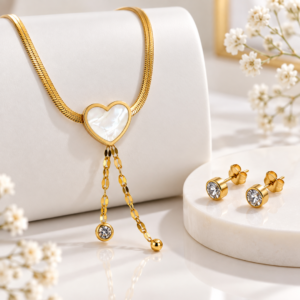 Pearl Touch Heart Luxe Necklace & Zirconia Earring Set – 22K Gold-Tone
